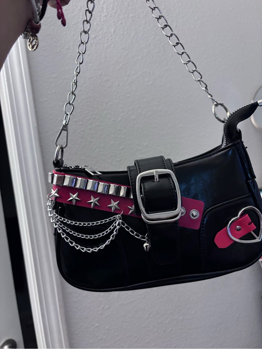 Black and Pink Studded Chain Shoulder Bag - Picture 3 of 3